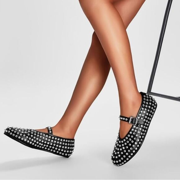 BRAND NEW WILD DIVA CRYSTAL RHINESTONE  MARY JANE STUDDED BALLET FLATS - Picture 1 of 16